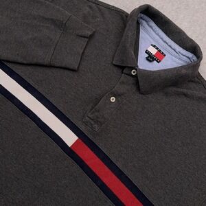 Vintage Tommy Hilfiger Long Sleeve Polo Shirt‎ Men's XL Gray Flag Rugby Preppy